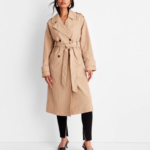 Tan beige button front belted midi trench coat - Picture 2 of 8